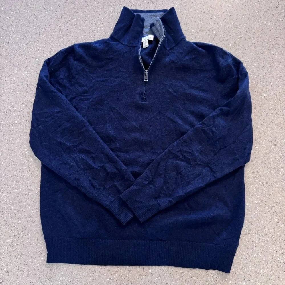 Gap Sweater Mens Large 100% Extra Fine Merino Wool Navy Blue 1/4 Zip Long Sleeve